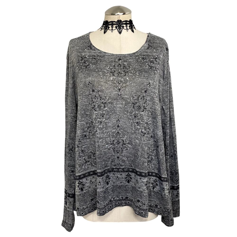 Embellished Gray Filigree Studded Flowy Boho Grunge Whimsigoth Long Sleeve XL